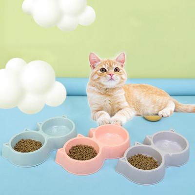 Pet Cat Double Bowl Eco-friendly PP Material Cartoon Cat Face Shape Food Water Feeding Bowl Non-slip Puppy Cat Feeder Supplies