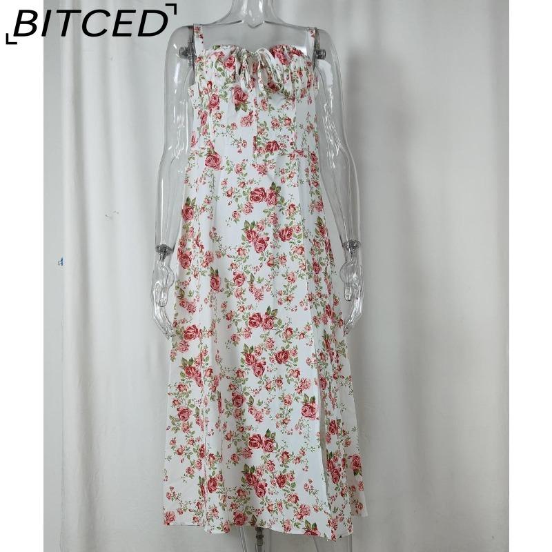 BITCED Women's Dress: Elegant Floral Print Split-Hem Fashionable Resort Strapless Dress