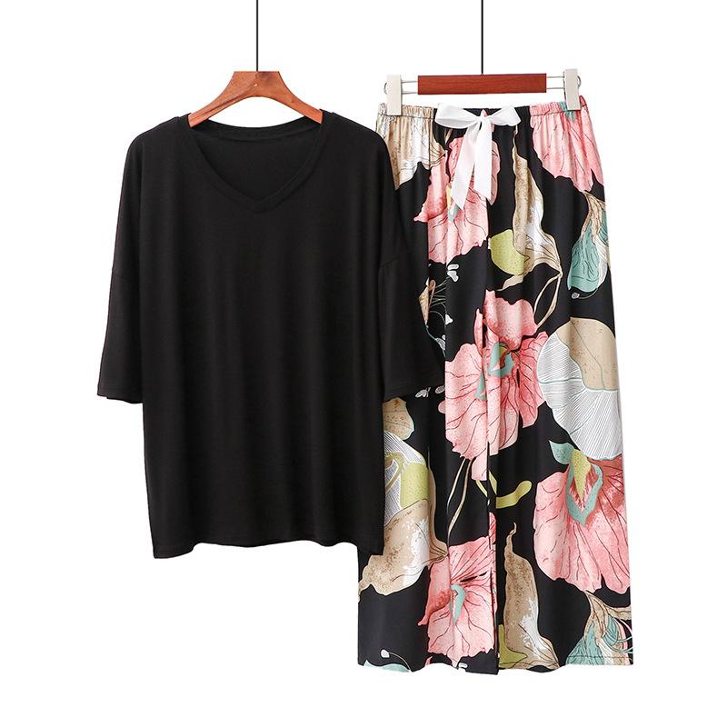 Sommer Damen Pyjama Sets Modal Kurzarm T-Shirts und Weitbein Hosen Heiß Lässig Homewear 2-teiliges Anzug Damen Nachtwäsche
