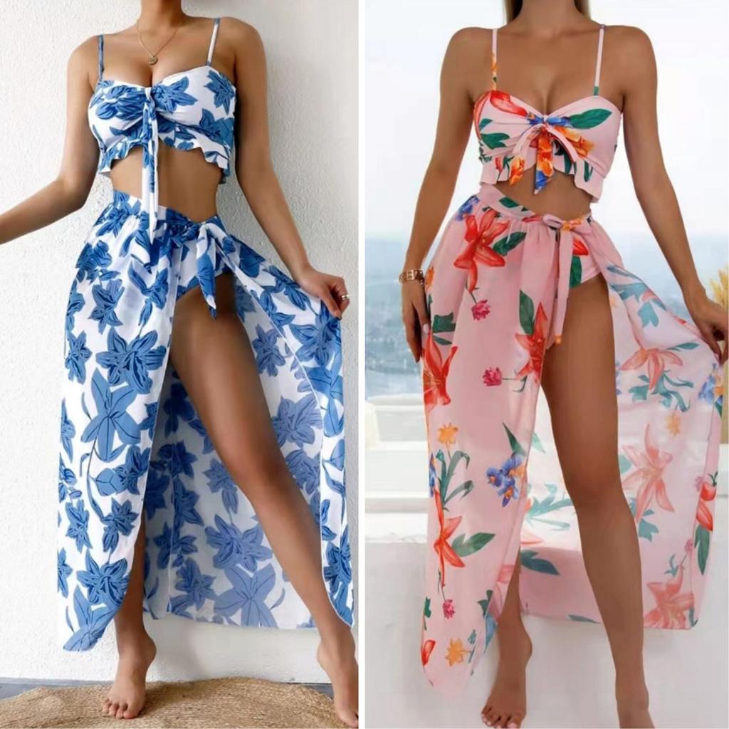 Fashion Women Printed High Waist Split Long Skirt Bikini Casual Swimsuit Set