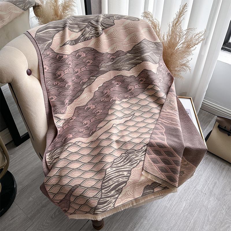 Imitation cashmere scarf, Guochao wave lines, high-end sense, double-sided landscape painting, warm shawl
