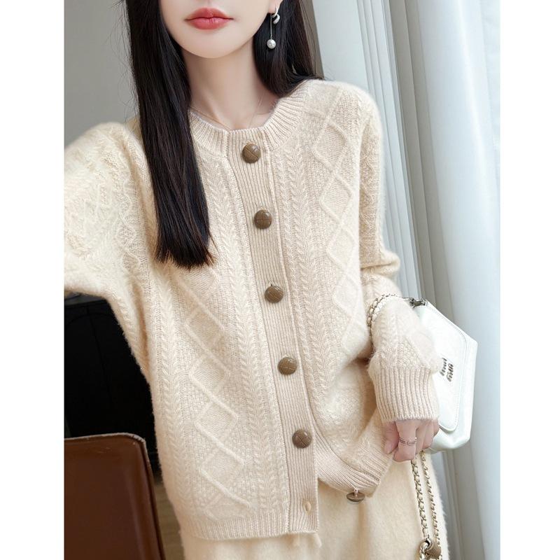 Dames Herfst Winter Gebreide Vest Retro Fair Isle Patroon Ronde Hals Lange Mouw Losse Wolmengsel Trui Jas Casual Bovenkleding