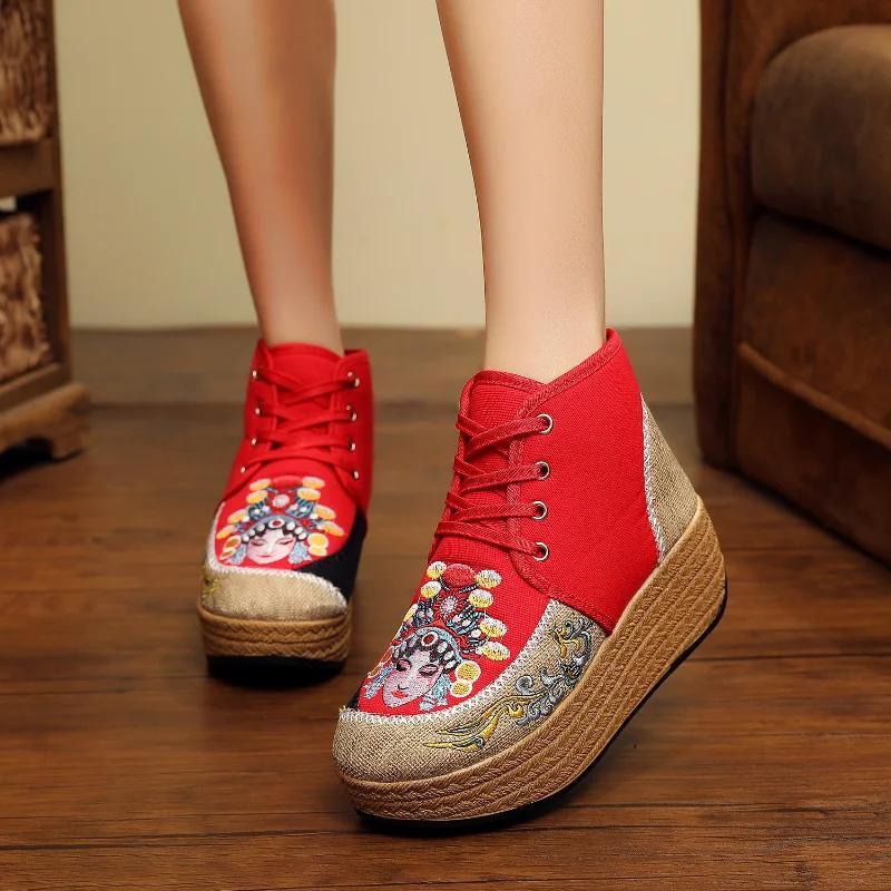Fashion 2024 New Retro Women Linen Cotton Fabric Embroidered Short Ankle Platform Boots Comfortable Ladies Lace Up Booties Winter Shoes
