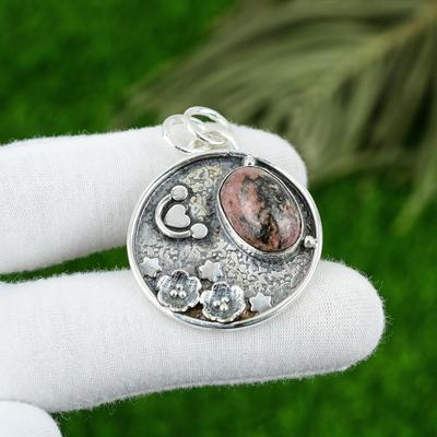 Ciondolo in Pietra Naturale Rodonite Argento Sterling 925 Gioielli Indiani Per Ragazze