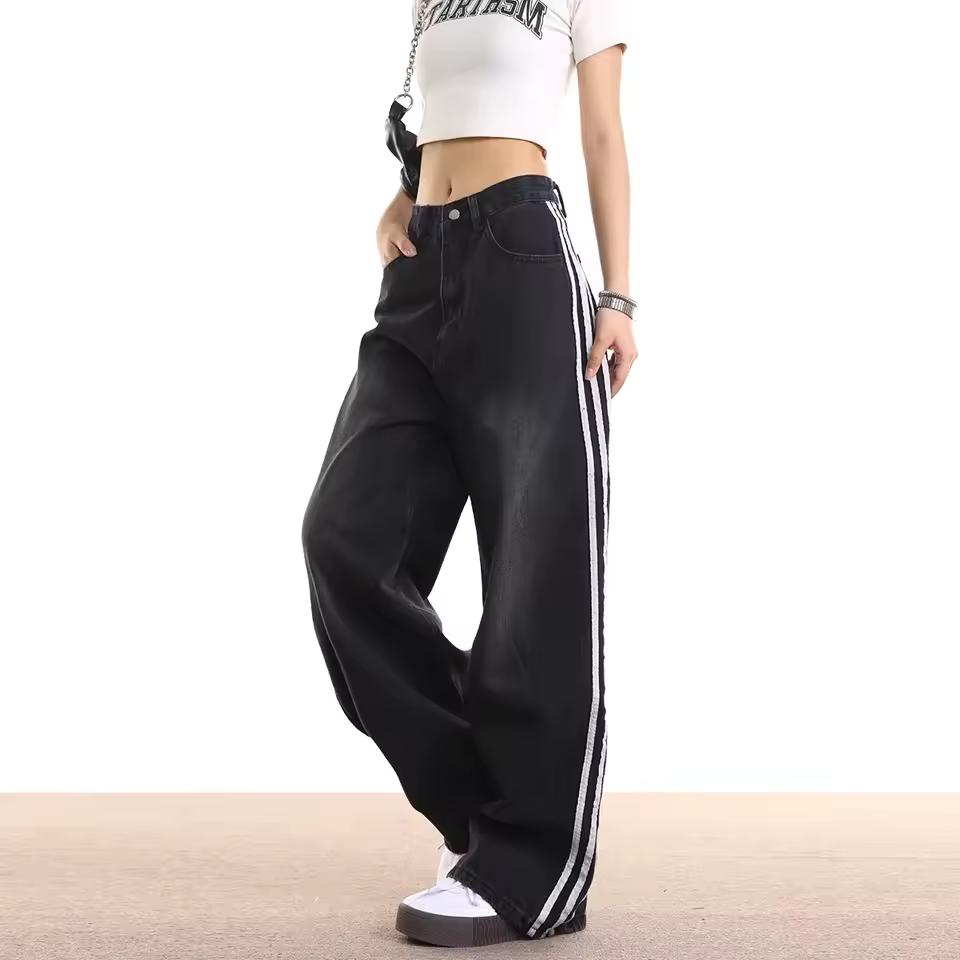 Retro Striped Jeans Women's Loose American Straight Leg Trousers Tide Brand Casual Wear