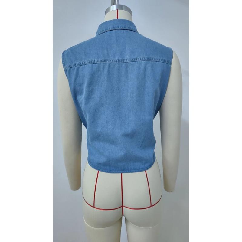Summer Fashion Thin Sleeveless Denim Shirt Lace-up Elegant Women Lapel Pocket Summer Short Top Slim Fit Casual Simple Loose Office Women's Clothing