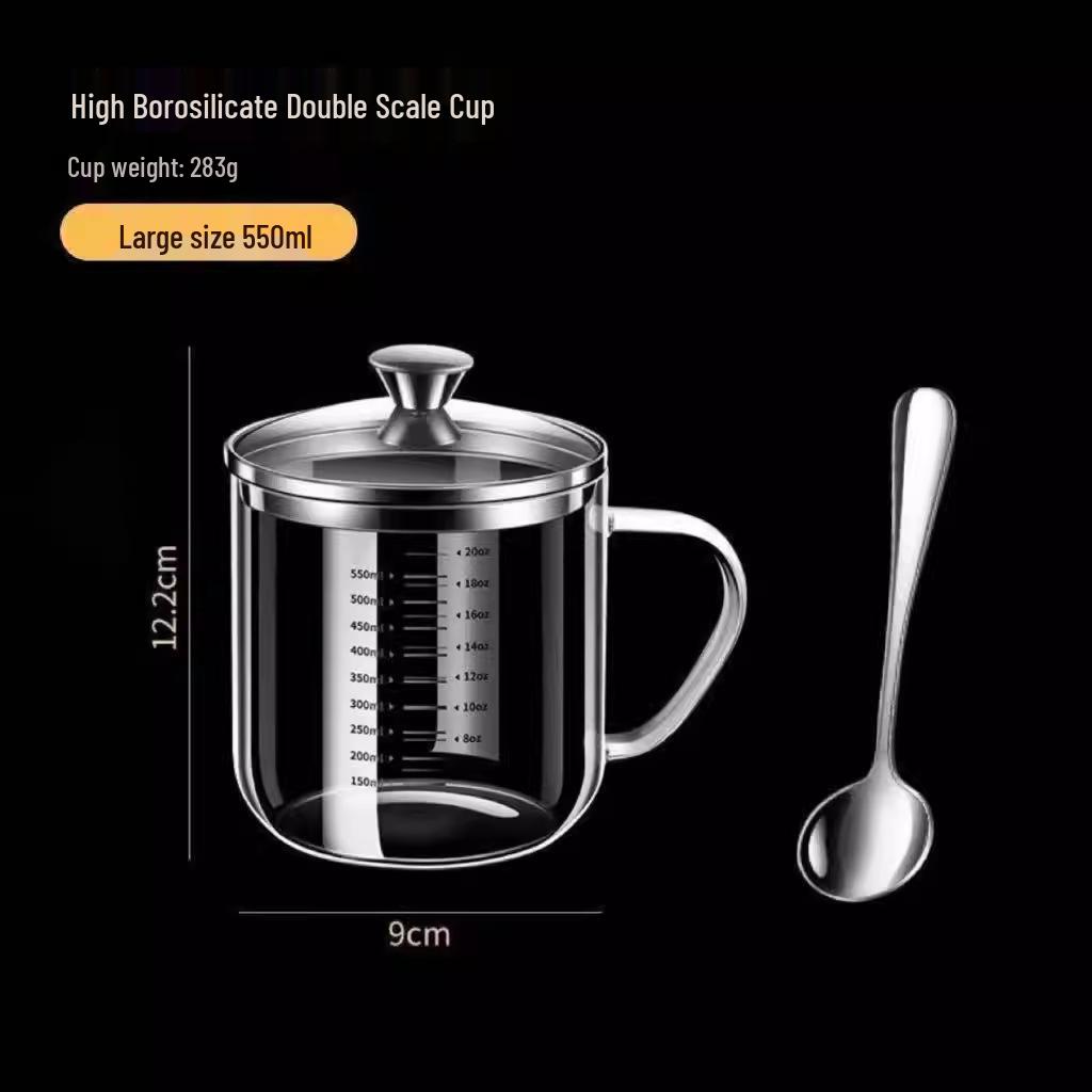 High Borosilicate Glass Cup, Heat-Resistant, Large Diameter, Double Scale, Steel Lid, Milk Cup.