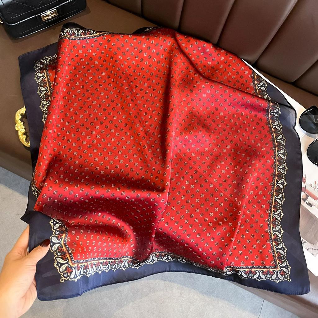 71Cm imitation silk small square scarf burgundy baroque pattern silk scarf versatile professional scarf spring and summer decorative scarf