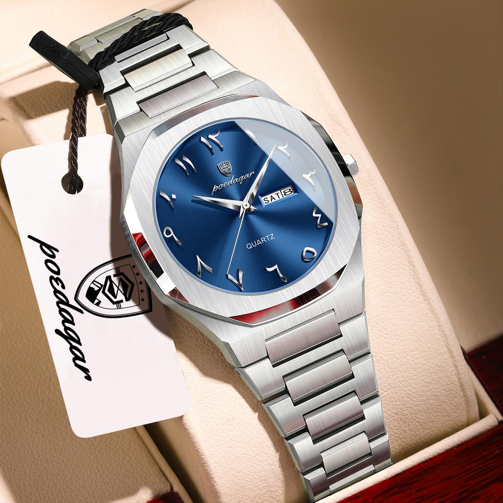 POEDAGAR Elegant Woman Clock Date Week Waterproof Casual Ladies Wristwatch Quartz Stainless Steel Fashion Watches