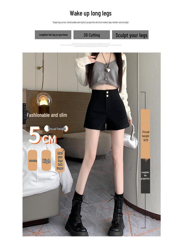 Women's High-Waist A-Line Black Suit Shorts - Summer 2024 - Slimming Fit with Elastic Waistband.