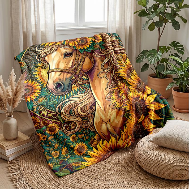 Horse Amidst Floral Splendor Theme Blanket Lightweight Warm Flannel Blanket Decorative Throw Blanket for Home Decoration