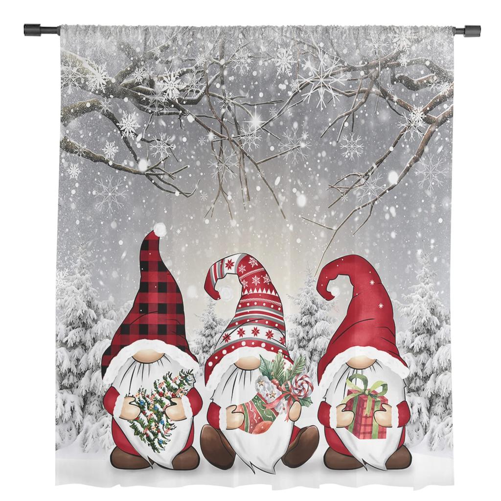 Weihnachten Winter Schneeszene Wichtel Grau Transparente Vorhänge zur Wohnzimmerdekoration Fenstervorhänge Küche Tüll Voile Vorhänge