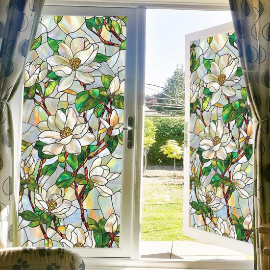 Yousheng Window Privacy Film Stained Glass Floral Static Window Cling Decorative UV Blocking Heat Control Glass Sticker for Glass Doors