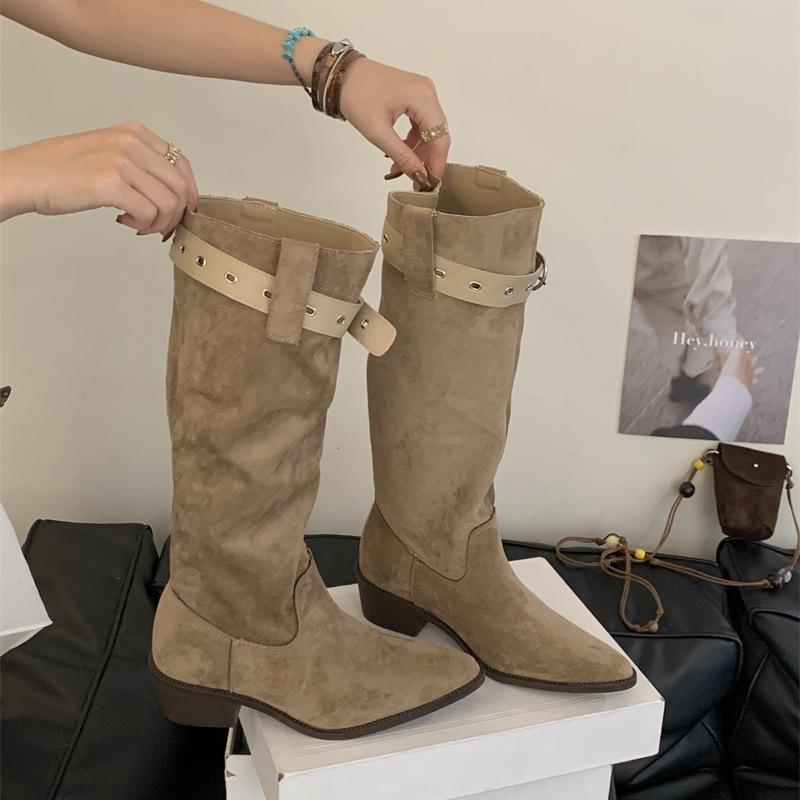 

Coarse heel suede pointed boots women s 2025 autumn and winter new two-wear high boots sleeve fashion boots European and American stacking boots 40 хаки