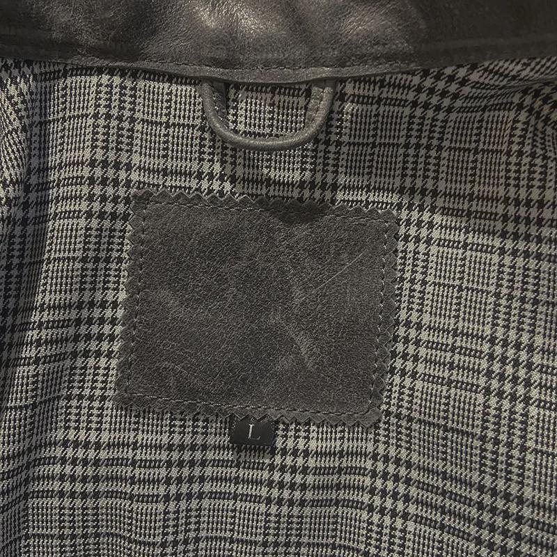 Men's Khaki Distressed Leather Jacket with Stand Collar and Multi-Pocket Design