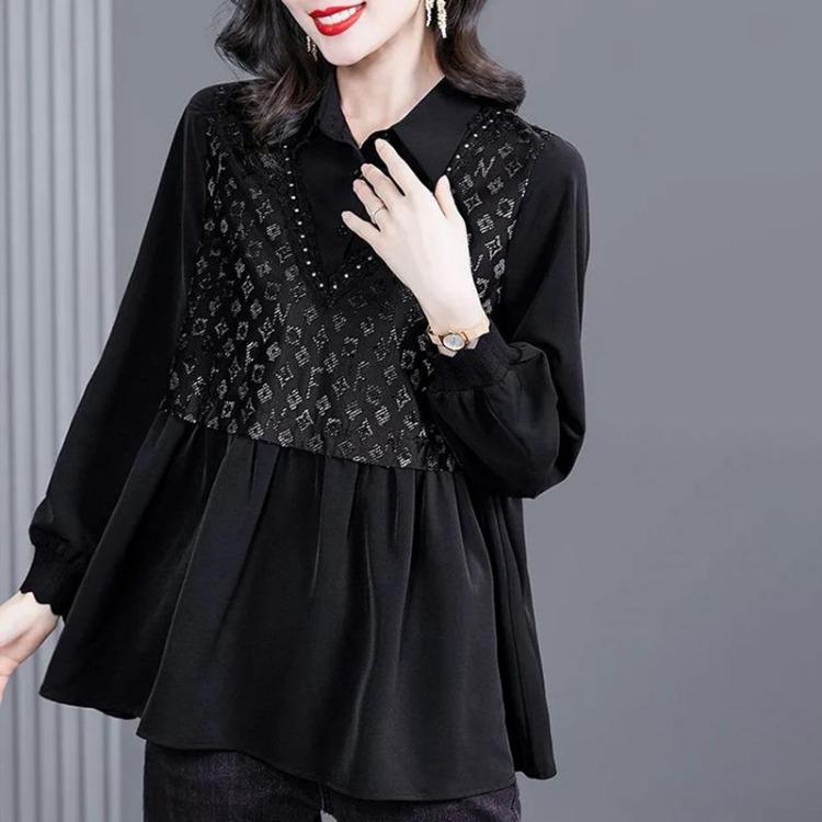 Women Plus Size 4XL Long Sleeve Tops Comfortable Splicing Shirt Autumn Black Female Tops