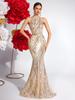 Luxuriöses gestreiftes Pailletten-Neckholder-Abendkleid mit schulterfreiem Schnitt