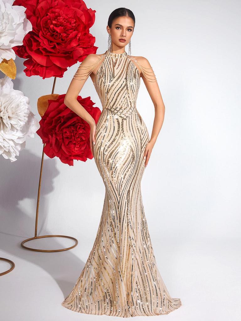 Luxuriöses gestreiftes Pailletten-Neckholder-Abendkleid mit schulterfreiem Schnitt