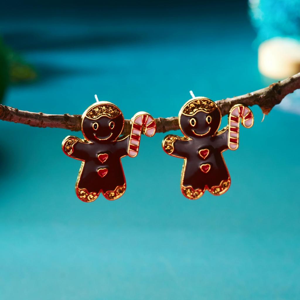 Lovely Christmas Full Rhinestone Imitation Pearl Gingerbread Crutch Stud Earrings New Year Holiday Jewelry Gifts For Women Men