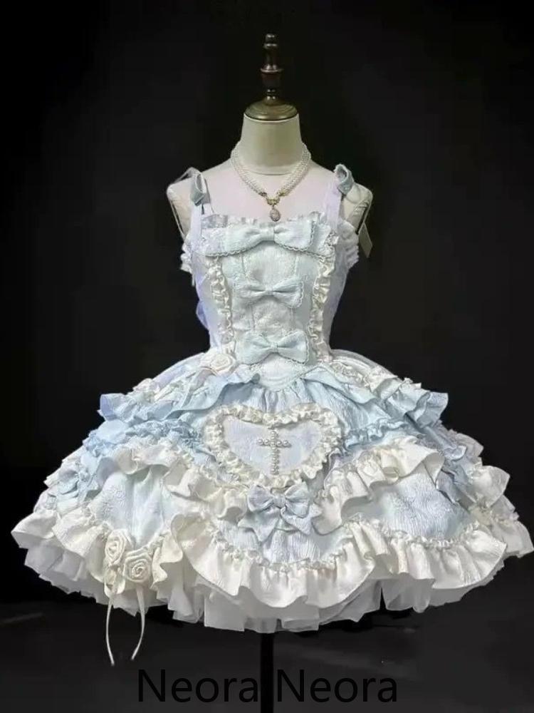 Mooie Kawaii Slash Nek Slimme Lolita Jurk Dames Zoet Design Strik Off Shoulder Sling Jurken Elegant Schattig Mooi Nieuwe Kleding L wit