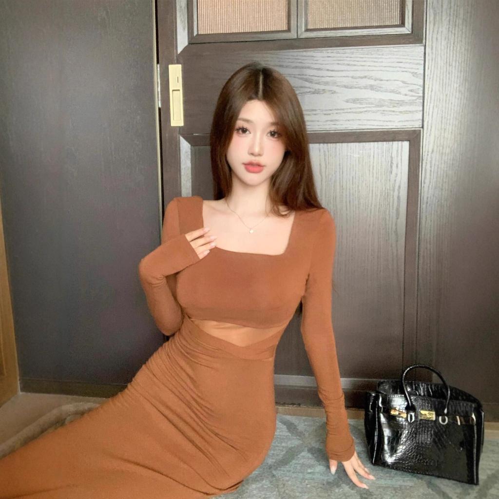 Long-sleeved Mesh Stitching Pure Desire Sexy Slim-fitting Hip-wrapped Fishtail Skirt Autumn and Spring Waist Beautiful Super Good-looking Dress