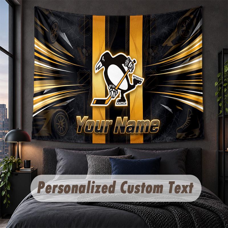 Custom Name Text Tapestry,Pittsburgh Penguins Decorative Wall Hanging, Background Tapestry For Home Bedroom