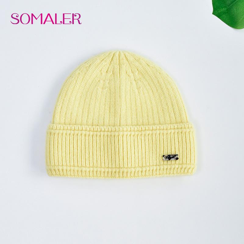 SOMALER Women's Autumn Winter Angora Knit Beanie Hat with Folded Cuff & Metal Badge Fashion Warm Cap 54-58cm