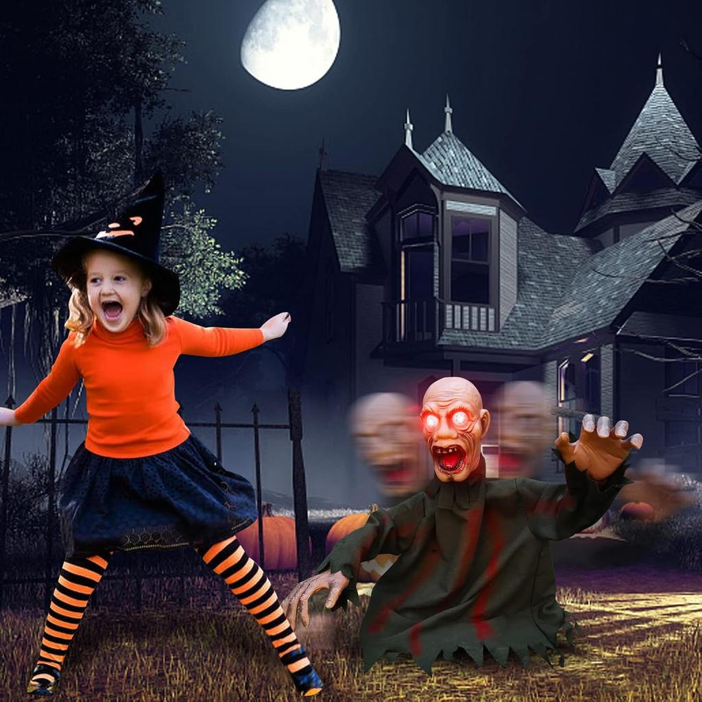 Hlasem aktivovaná halloweenská dekorace ducha s LED očima závěsné zombie rekvizity strašidelné zvukové efekty pro párty zahradu hřbitov