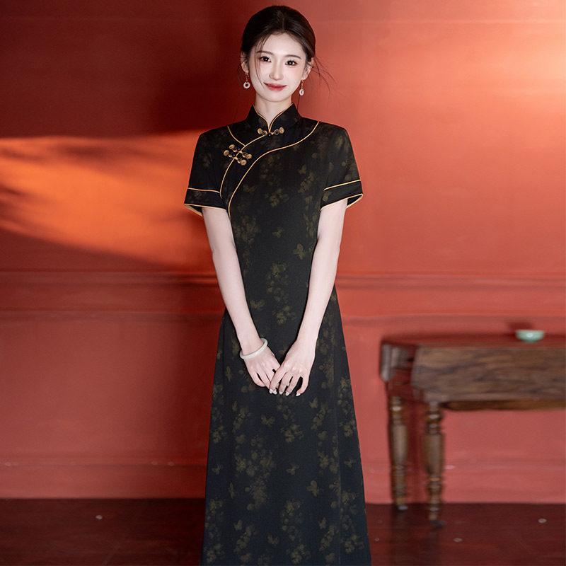 Black Skinny Mom Wear New Chinese Aodai Improved Cheongsam 1011 New Women's Retro Short Sleeve Dress Summer