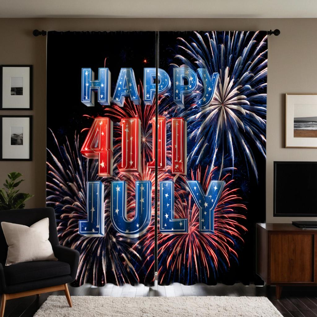 2 Pieces HD Independence Day Hello July Fireworks Decorative Curtain Black Tie Digital Printed Curtain Home Decoration Style Dec