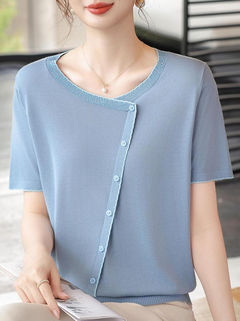2026 Ice Silk Summer T-Shirt Set for Middle-Aged & Elderly Women: Short-Sleeve, Stylish, Lightweight Knitted Top