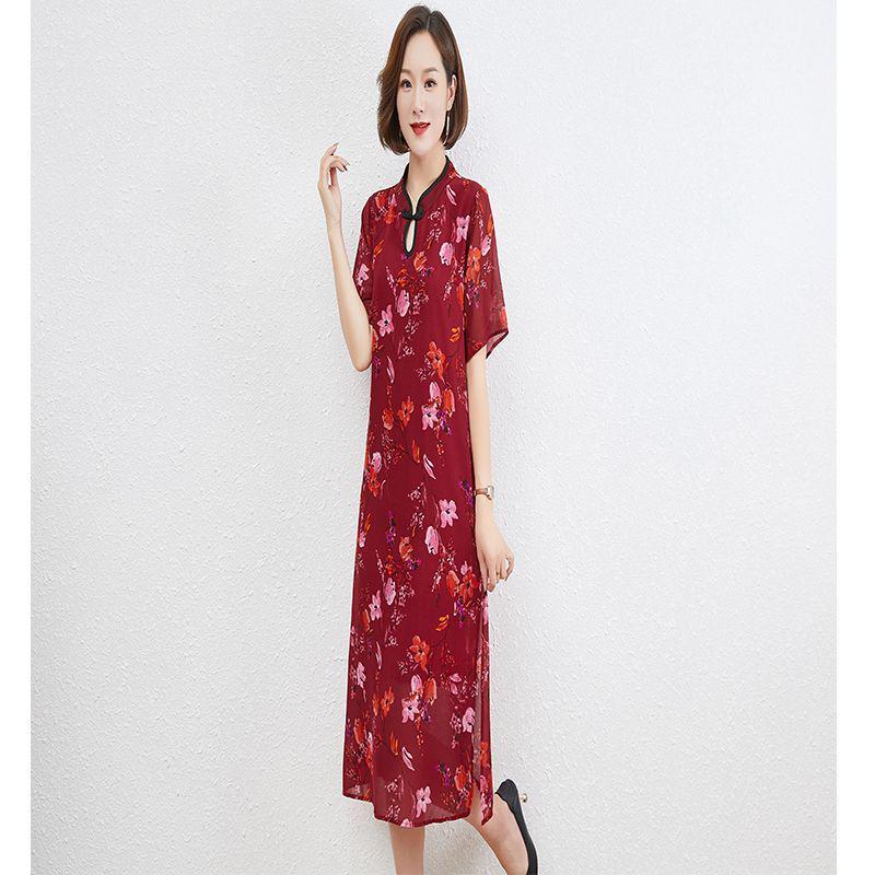 Plus Size Wide Style Cheongsam Mid-Length Dress for Middle-Aged and Elderly Mothers (Fits Up to 200 Jin)