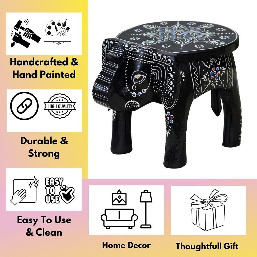 Hand-Crafted and Emboss Colorful Painted Wooden Elephant Shape Stool for Home/Office/Living or Bedroom Decor,Decorative Showpiece