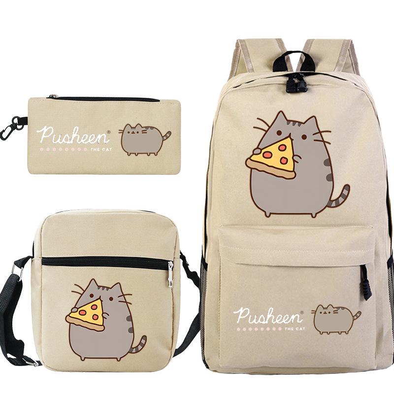 Pusheen fette Katze niedlicher Cartoon bedruckter Schulranzen grenzüberschreitende Studenten tragbare Umhängetasche Federmäppchen dreiteiliges Set