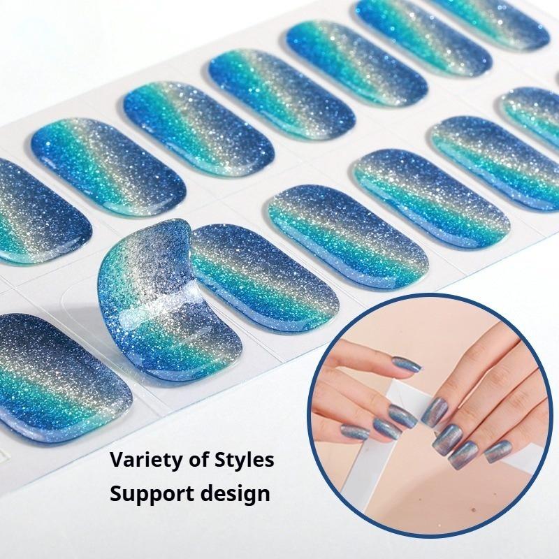 New Semi-cured Gel Nail Stickers, 16-finger Cat Eye Glitter UV Nail Stickers, Cured Under A UV Lamp.