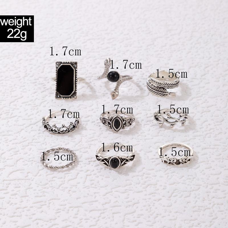New European and American vintage black gemstone set nine-piece ring set Geometric snake-shaped crown leaf ring set