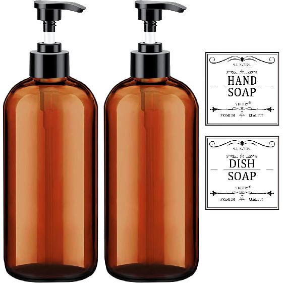 Clear Soap Dispenser with Rust Proof Pump, Waterproof Labels (2 Pack,16 Oz), Plastic Hand Soap Dish Soap Dispenser for Kitchen Bathroom