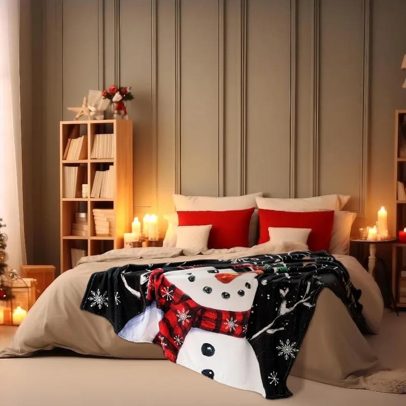1Pc Throw Merry Christmas Snow Snowman Flannel Blanket For Couch Bed Sofa  Snowflakess Comfy Warm Blankets For Christmas Gifts