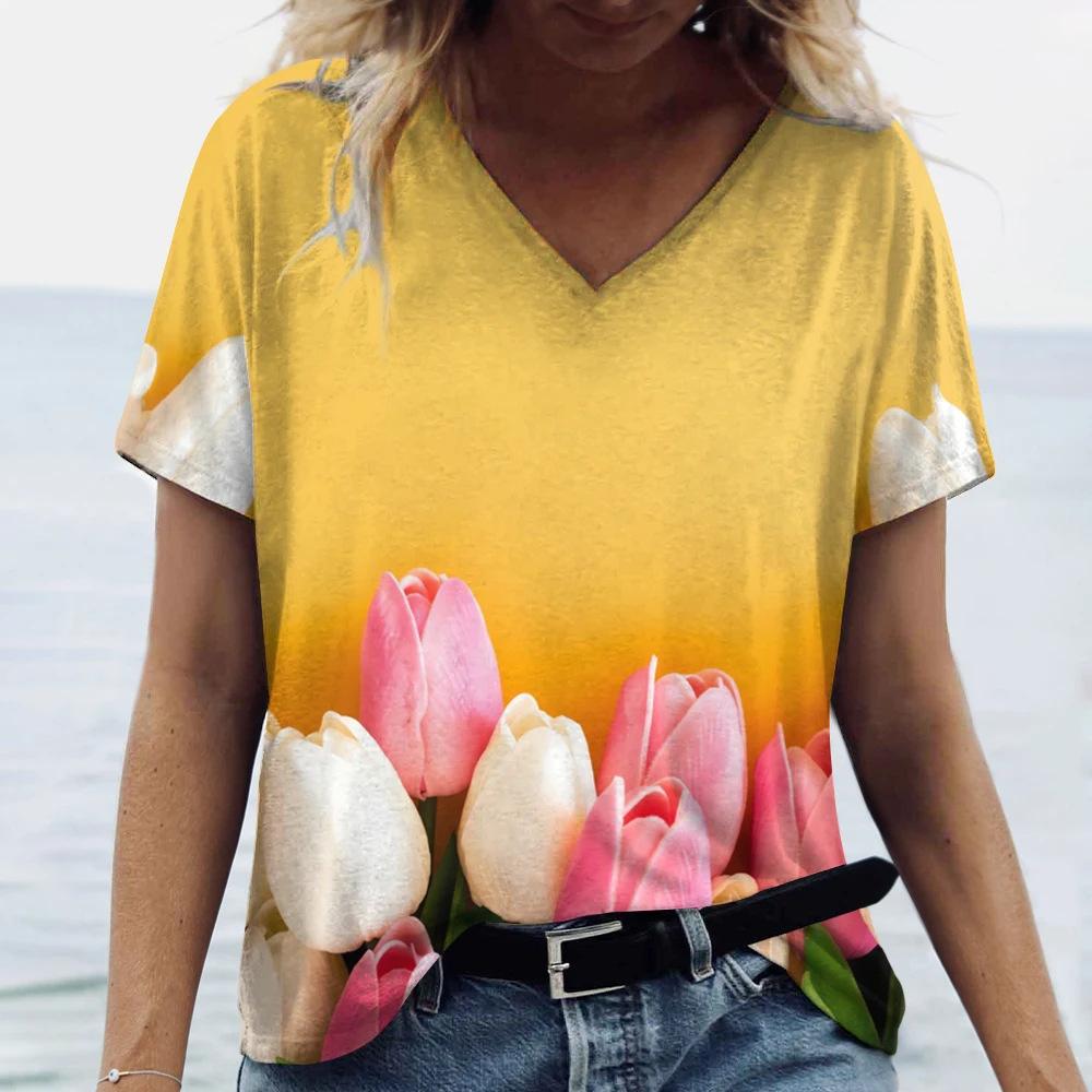 Beautiful Tulip Print 3D Printed Women's Artistic Style V-neck Short Sleeved T-shirt