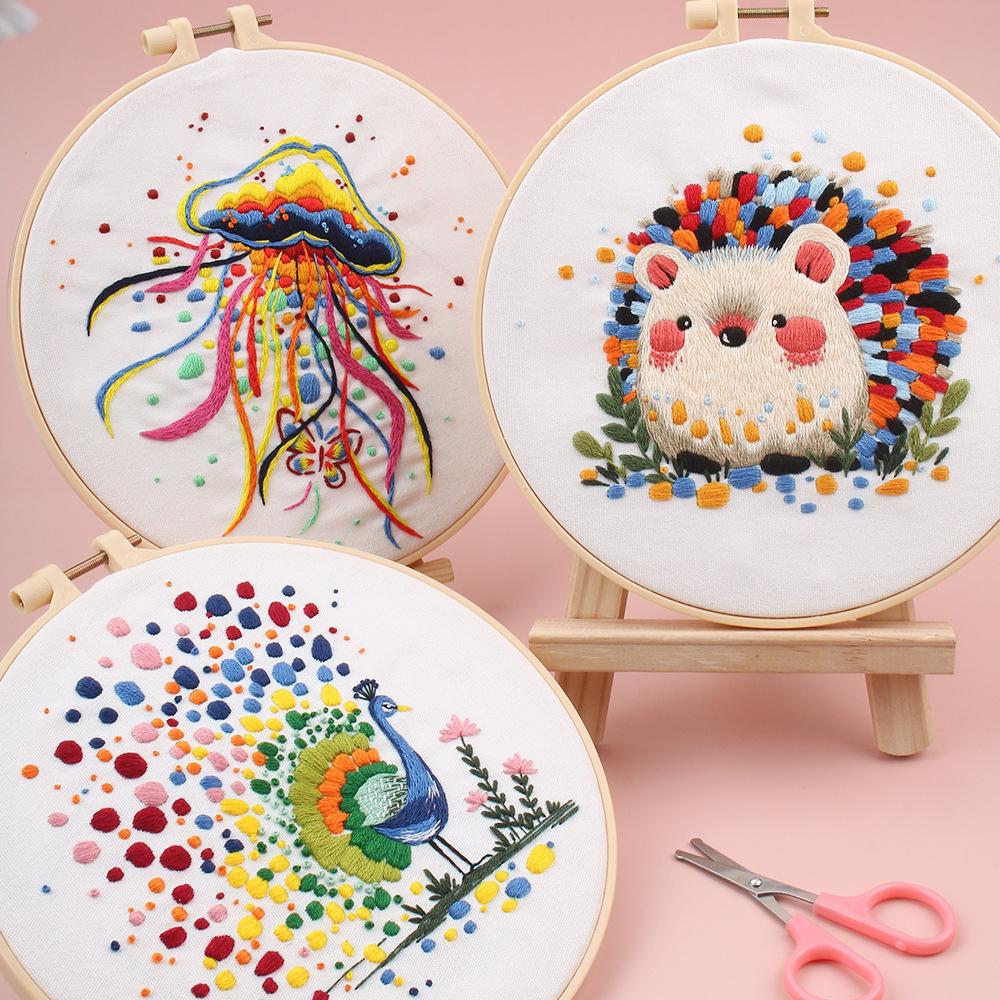 New Diy Handmade Embroidery Material Bag, European Abstract Animal Peacock Hedgehog, Needle And Thread Set
