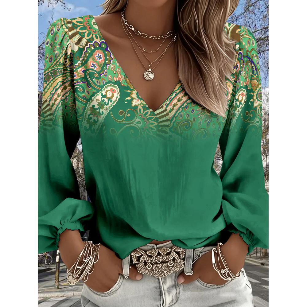 Damen Boho Retro Western Style Hemd - V-Ausschnitt Langarm Rüschen-Oberteil, geeignet für Freizeit-Outfits und Urlaubsbekleidung