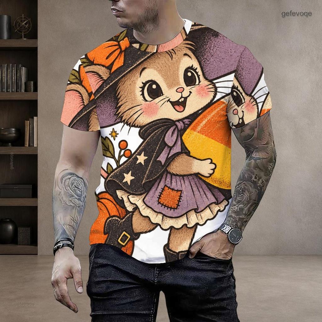 Men S Plus Size Round Neck Short Sleeve T Shirt Halloween Black Cat Ghost Pumpkin Printed Casual Tee