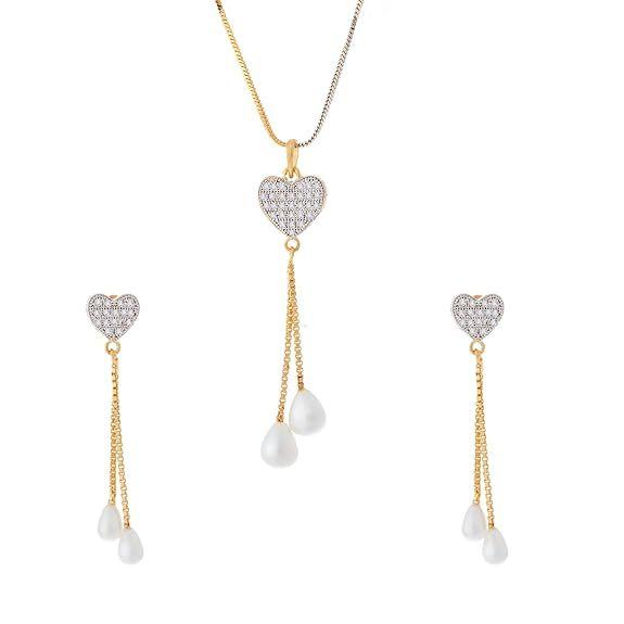 18K Gold Plated Cubic Zirconia Heart Pendant Earring Set For Women & Girls
