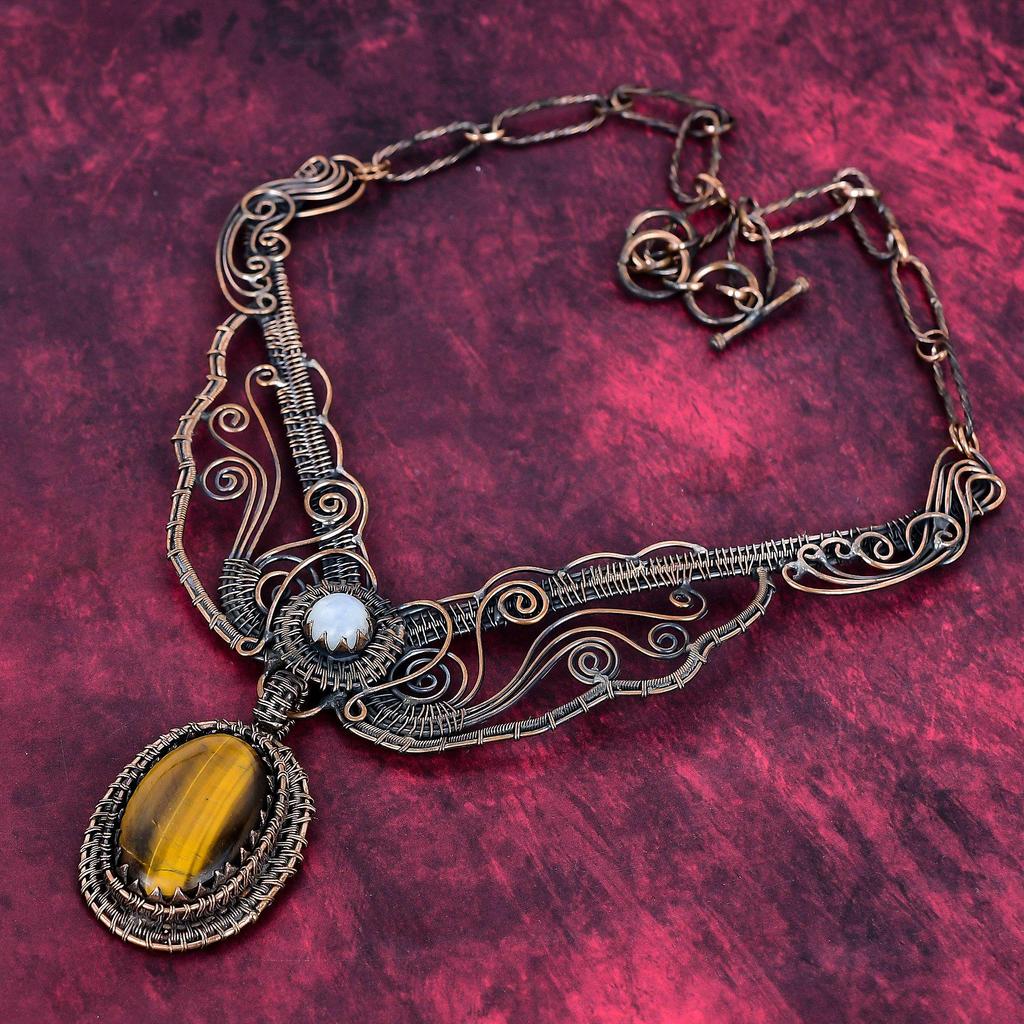 Tiger's Eye Real Gemstone Necklace Copper Wire Wrapped Adjustable Chain Necklace