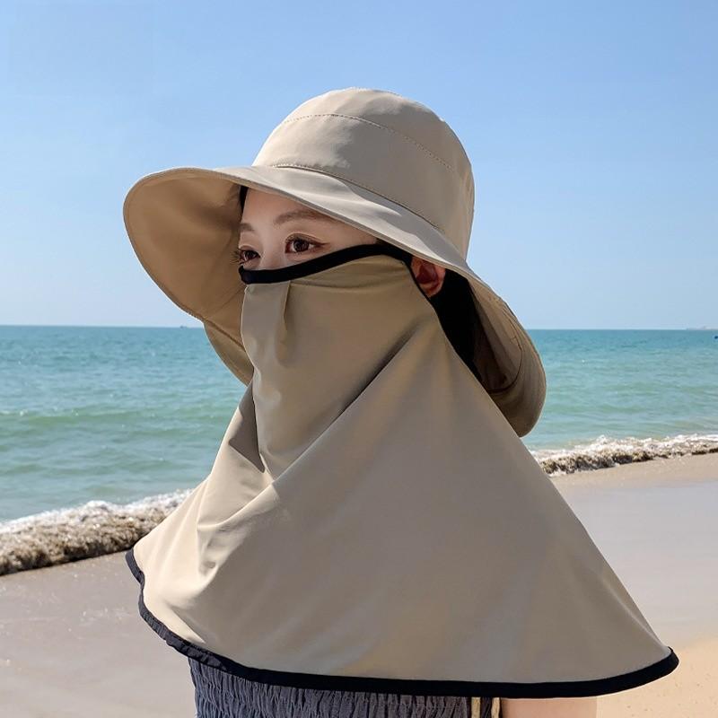Summer Sun Protection Hat With Face Mask Set For Women Outdoor Shade Uv Blocker