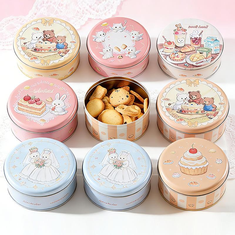 1pcs Cartoon Storage Box Empty Iron Box Large Round Tin Box for Candy Baking Cookies Packaging Kitchen Storage Container