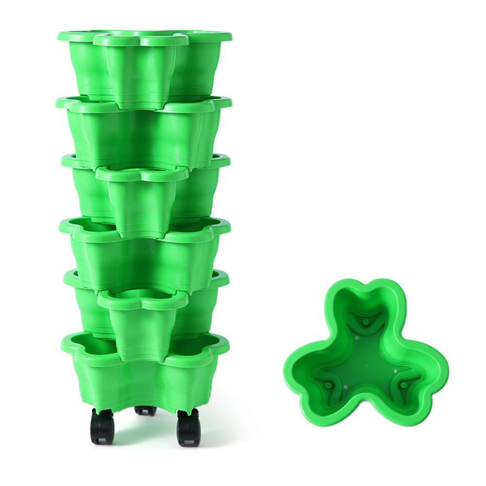 New Vertical Tower Stackable Multi-layer Plastic Flower Pot - 3 Petal 6-Tier Plant Flowerpot with Movable Caster For Home Garden