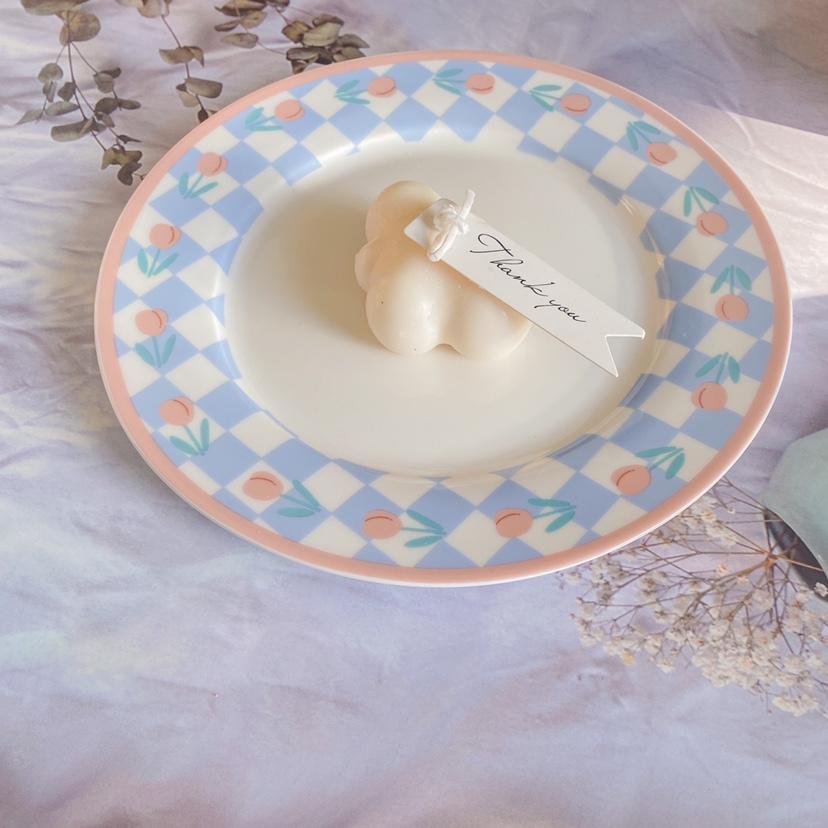 Ins Style High Appearance Lovely Chessboard Plate Blue and White Tulip Ceramic Plate Dessert Cake Salad Breakfast Plate Gift