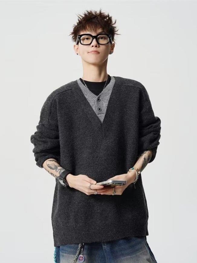 Hochwertiger Herren-Strickpullover mit V-Ausschnitt, Lässiger lockerer Schnitt, Für Paare geeignet für Herbst/Winter