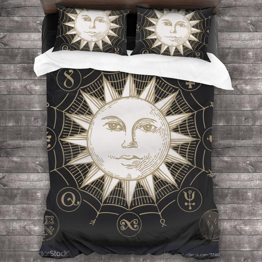 Retro Sun and Moon Duvet Cover Set with 2 Pillowcase Quilt Cover King Queen Size Polyester Comforter Cover for Kids Teens Boys